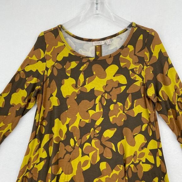 LOGO by Lori Goldstein Tunic Blouse Womens Size S Yellow Brown Ruffle Hem - Picture 2 of 11